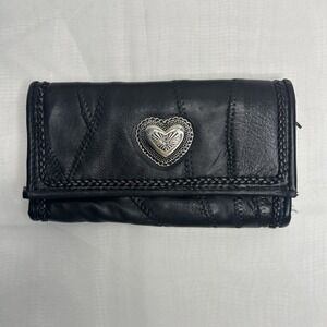 Black Leather And PVC Women's Wallet With Metal Heart Accent & Braided Trim